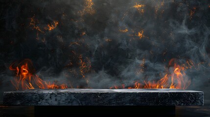 Naklejka premium Fire lava podium rock volcano background product magma display 3d scene stone floor. Platform lava podium mountain fire smoke stage hot outdoor ground geometric isolated blast abstract texture meteor
