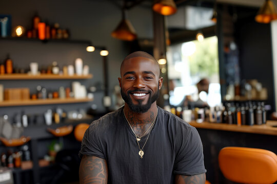 A bald black man with a beard smiling at barber shop.