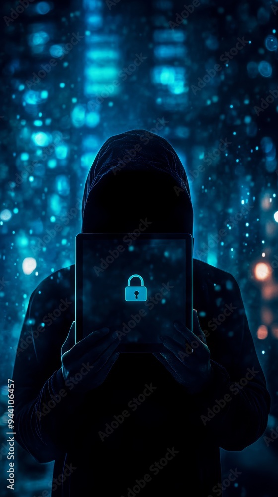 Poster hooded figure holding a tablet with a padlock symbol glowing on the screen, with a digital network o