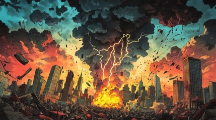 A city in ruins with a fiery explosion and lightning bolts in the sky.