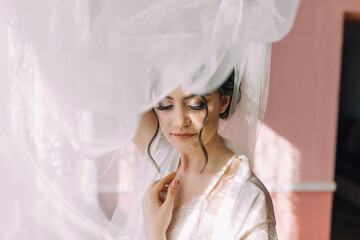 A woman is wearing a white dress and veil, and she is looking at the camera. The image has a romantic and elegant mood, as the woman is dressed for a wedding or a special occasion