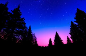 Fototapeta premium Silhouettes of forest trees under starry night violet pink sky. Summer landscape, universe or space, galaxy, stars. Astrophotography. Art wallpaper. 