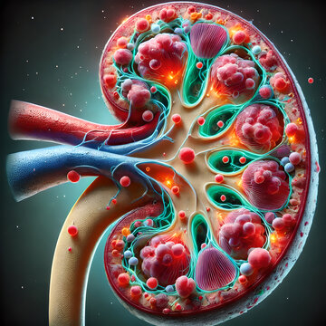 Human kidney with acute glomerulonephritis, showing inflammation ,swelling glomeruli. visibility inflamed areas within nephron, highlighting damage to filtering units kidney. inflamed, fibrotic tissue