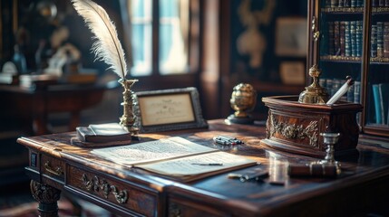 antique-style writing desk with quill pens and inkwell, enhancing heritage-themed interior design, ideal for banners with text