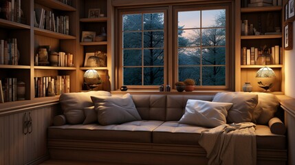 Fototapeta premium A photo of a cozy reading corner with built-in bookshelf
