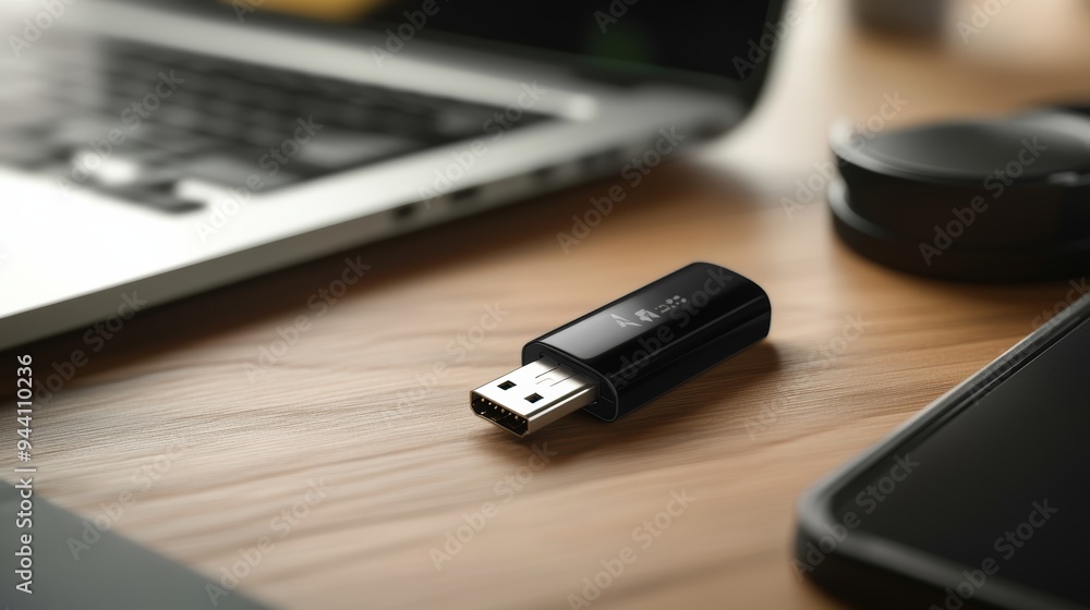 Poster close-up of an encrypted usb flash drive on a desk with a laptop, highlighting data security and pro
