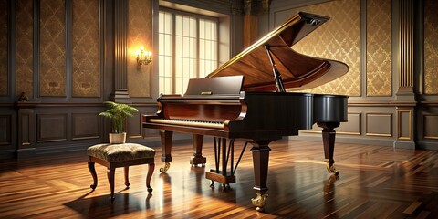 Elegant grand piano with polished wooden surface and intricately carved legs sits majestically in a serene, dimly lit room with a subtle warm ambiance.