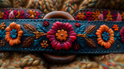Embroidered Leather Belt with Colorful Flowers - Close Up Illustration