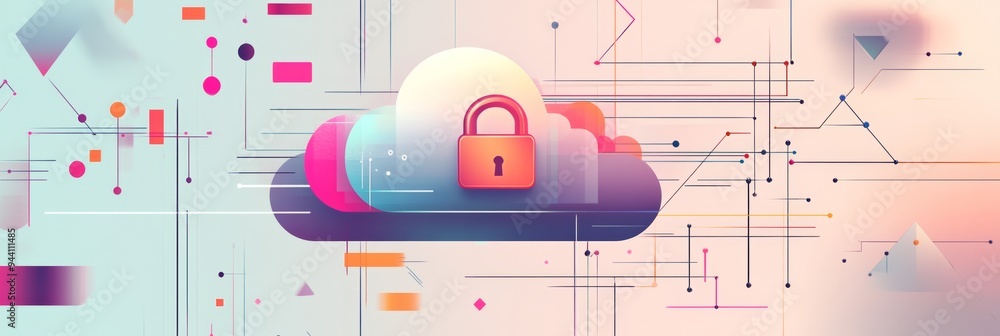 Poster Digital cloud with a lock icon and geometric shapes on a modern, abstract background. Represents secure cloud storage and data protection.