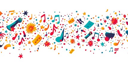 A festive vector design with colorful confetti, music notes, and Latin American cultural symbols floating in a playful arrangement. 