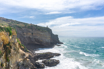 A stunning lighthouse perched on the dramatic cliffs of Otago's coast, New Zealand. Overlooking the Pacific Ocean, this spot offers breathtaking views, perfect for summer outings, birdwatching