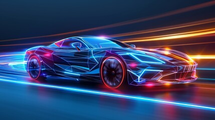 a high-tech car in low poly wireframe design. with light trails. the future of transportation, Electric and Autonomous Vehicles, Automotive Engineering, Smart Mobility, future logistics.