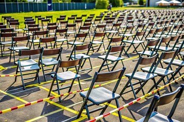 Fototapeta premium Empty chairs spaced apart in a large festival setting with tape markings on the ground, emphasizing caution and responsible gathering measures.