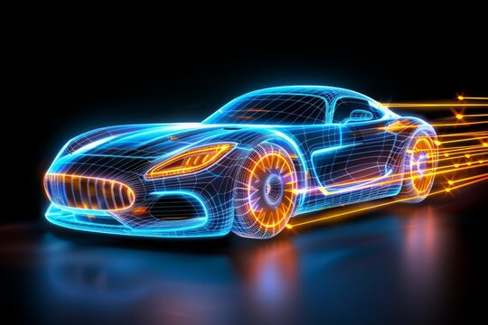 a high-tech car in low poly wireframe design. with light trails. the future of transportation, Electric and Autonomous Vehicles, Automotive Engineering, Smart Mobility, future logistics.