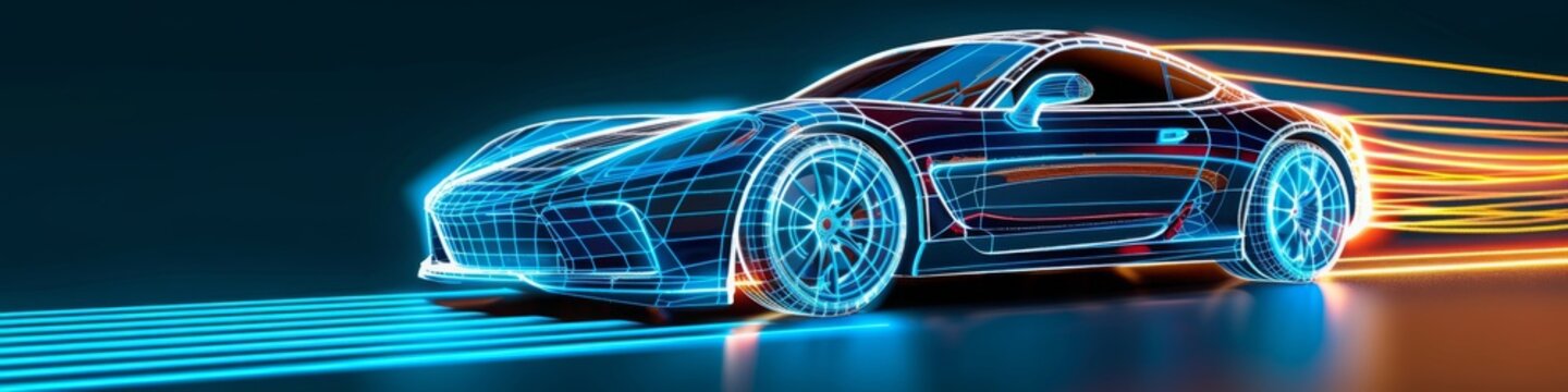 a high-tech car in low poly wireframe design. with light trails. the future of transportation, Electric and Autonomous Vehicles, Automotive Engineering, Smart Mobility, future logistics.