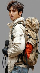 Young Man with Backpack and Microphone Ready for Adventure