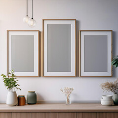 Mockup poster frames, parede branca cozinha estilo moderno com decoração clean. Render 3D.