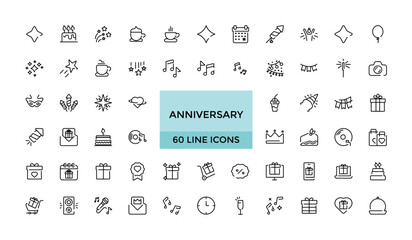 Anniversary and party line icons collection. Big UI icon set. Thin outline icons pack. Vector illustration