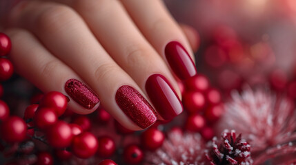 closeup of woman's manicured hand with freshly painted red glitter Christmas themed finger nail polish
