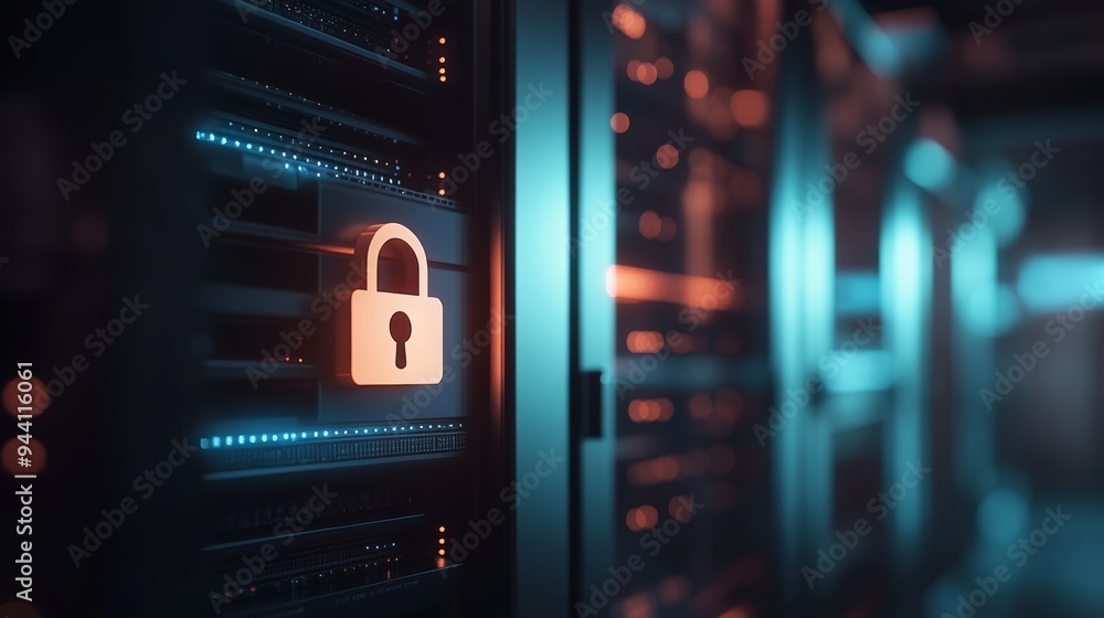 Poster Glowing lock icon on a server rack in a modern data center. Emphasizes cyber security and data protection.