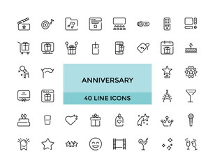 Anniversary and party line icons collection. Big UI icon set. Thin outline icons pack. Vector illustration