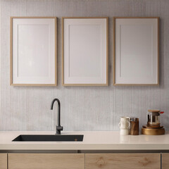 Fototapeta premium Mockup poster frames, parede branca cozinha estilo moderno com decoração clean. Render 3D.