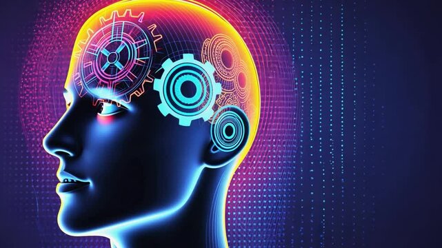 Woman face silhouette with gears working inside head representing artificial intelligence