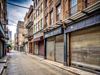 Empty streets lined with shuttered storefronts, metal gates, and foreclosure signs convey a sense of economic decline and urban desolation in a once-thriving shopping district.