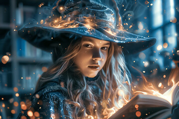 In a dimly lit library, a young witch with a mystical hat reads an ancient book. Sparks of magic illuminate her face, creating a captivating atmosphere of wonder