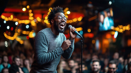 A man with glasses and a beard is laughing and holding a microphone on stage in front of an audience at a lively event.