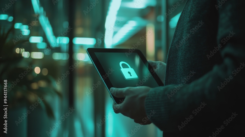 Aufkleber close-up of a person holding a tablet with a glowing lock icon in a teal-lit environment. focus on d