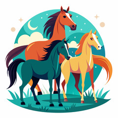 Three Horses Standing Together Under a Night Sky