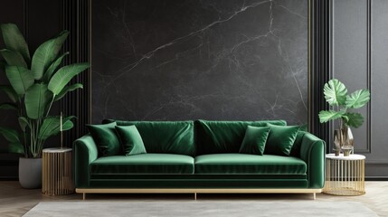 Modern Living Room with Emerald Green Sofa and Gold Accents