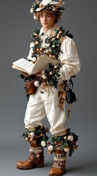 Young Man Dressed in Traditional English Morris Dancing Costume Holding a Songbook