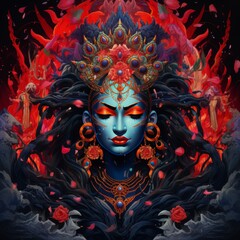 A vibrant, mystical depiction of a goddess surrounded by flames and flowers.