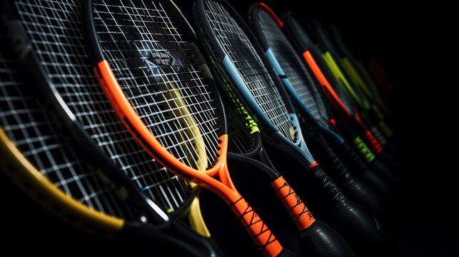 A photo of a display of racketball rackets and balls.