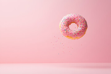 A colorful donut with pink icing and sprinkles, floating against a soft pink background, perfect for dessert and sweet-themed designs.