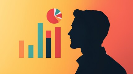 Silhouette of a man in front of data charts and graphs, symbolizing analytics and business insights.