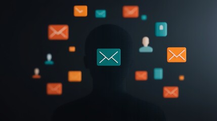 Silhouette with floating email icons representing communication, digital messaging, and technology connections in abstract design.