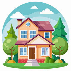 Two-Story House with Red Roof and Lush Greenery