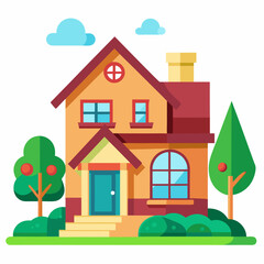 Two-story house with a green lawn and trees