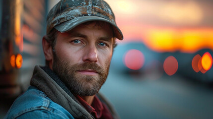 portrait of happy confident handsome trucker driver in front of his semi truck