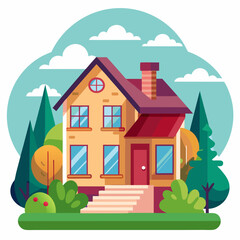Two-story house with a red door and a yard with trees