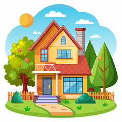 Two-story yellow house with red roof and a brick chimney in a green yard