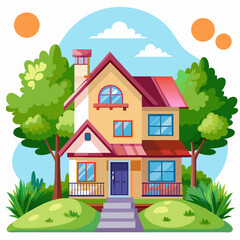 Naklejka premium A two-story house with a red roof and a porch surrounded by green trees and grass.