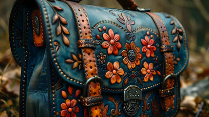 Naklejka premium Closeup of a Blue Leather Bag with Floral Embellishments