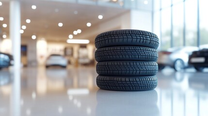  Stack of new car tires in a modern showroom