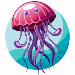 Fototapeta premium Cartoon Pink Jellyfish with Purple Tentacles in a Blue Ocean