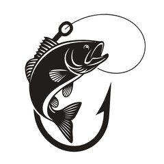 Vector fishing logo design. Very detailed flat black and white logo, with jumping fish, hook and rod