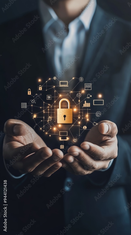 Aufkleber businessman holding a glowing lock icon surrounded by digital network symbols, representing cyber se